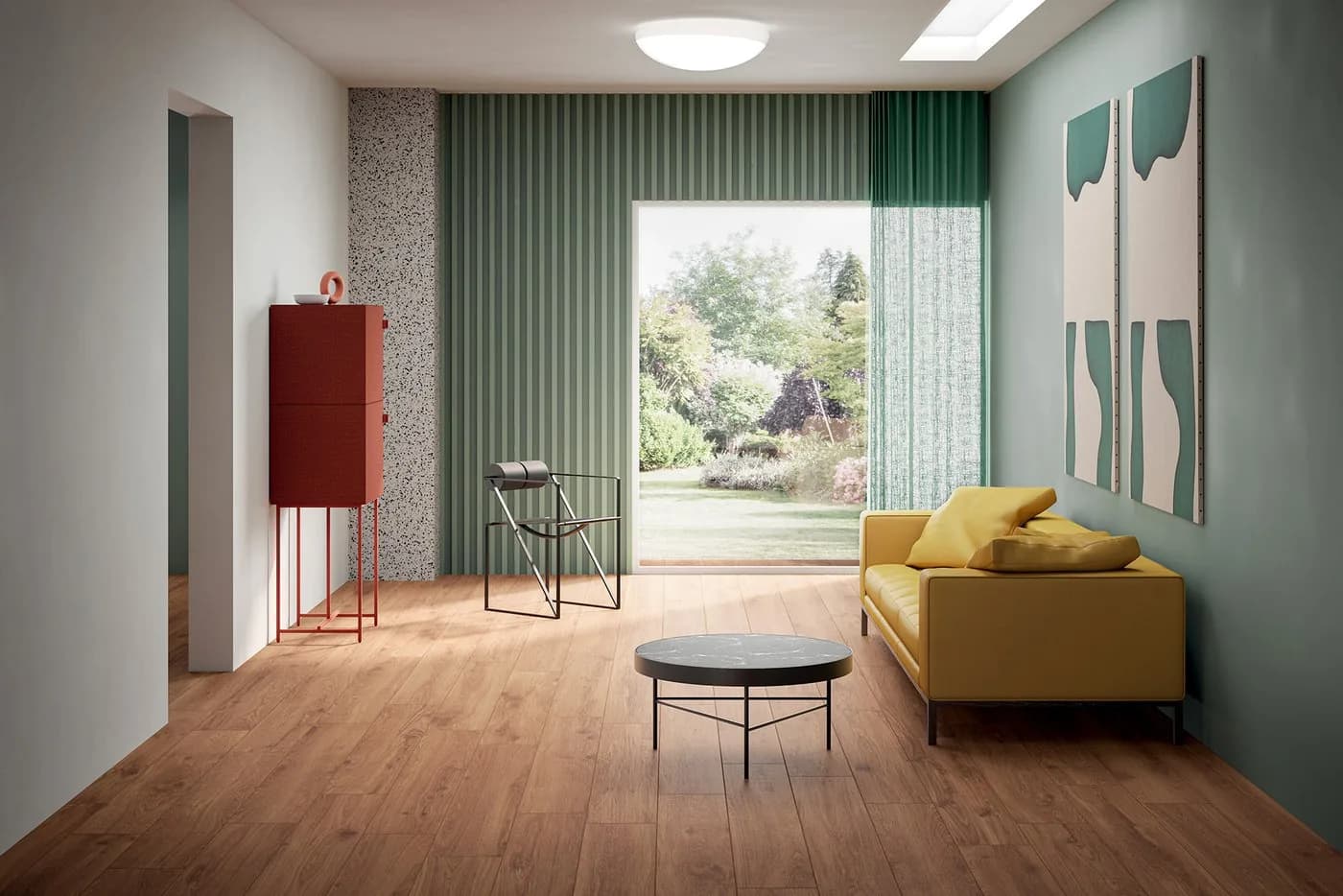 Sol en carrelage effet bois dans un salon — showroom AZER à Rennes