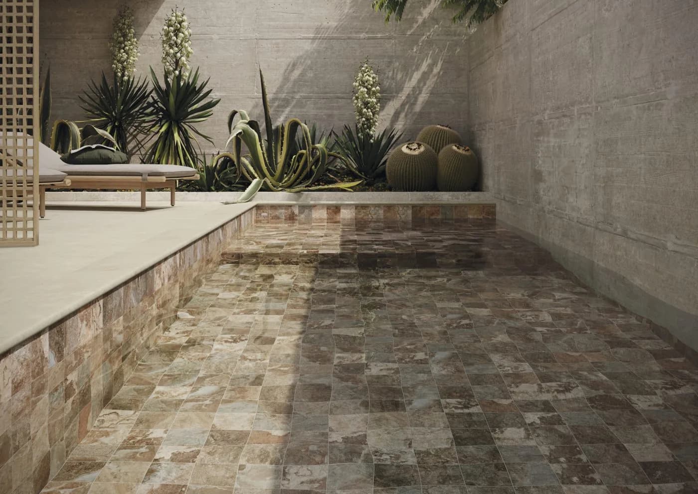 Terrasse extérieure en carrelage effet pierre — showroom AZER à Rennes