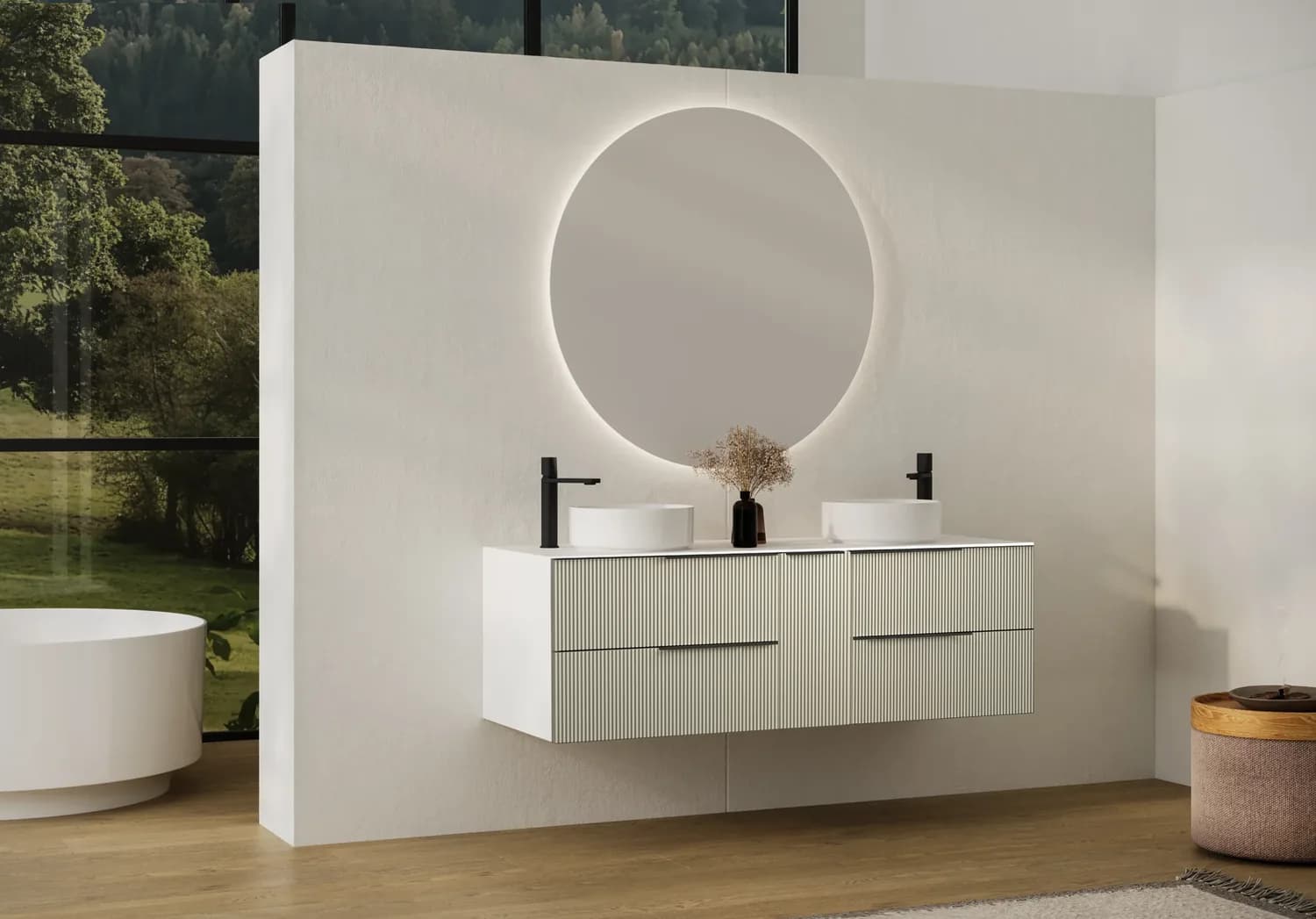 Meuble vasque double avec miroir rétroéclairé — showroom AZER à Rennes